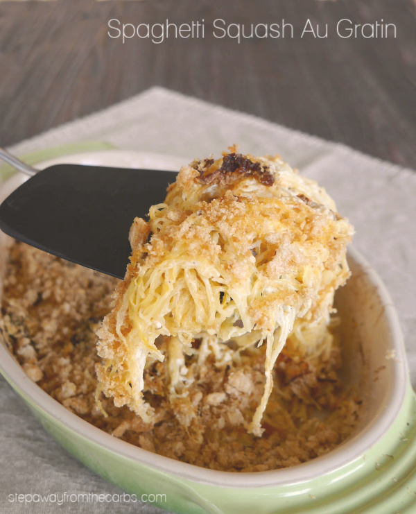 Spaghetti Squash Au Gratin - a low carb side dish with crunchy pork rind topping