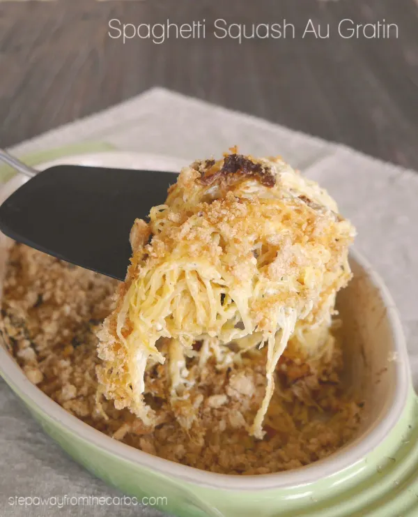 Spaghetti Squash Au Gratin - a low carb side dish with crunchy pork rind topping