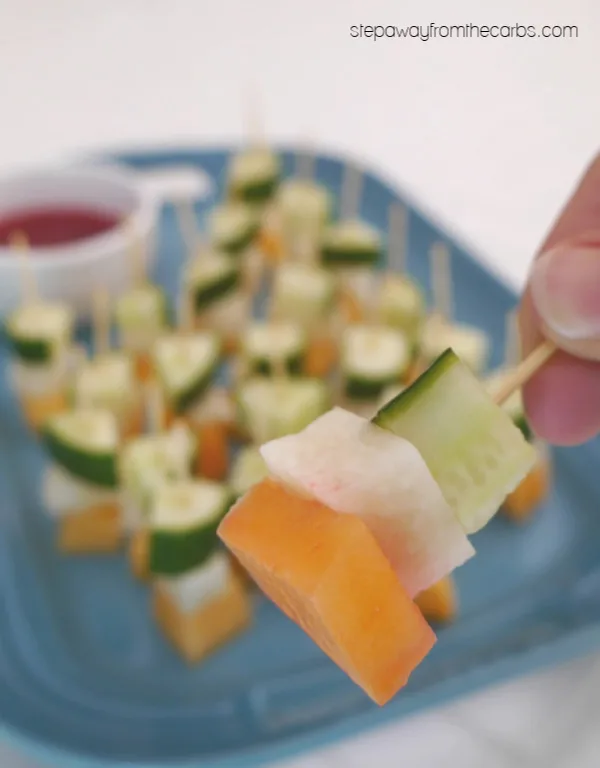 Low Carb Jicama, Melon and Cucumber Skewers with a raspberry dipping sauce!