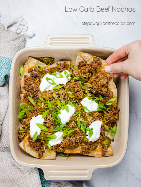Low Carb Beef Nachos - perfect for parties! With easy homemade chips made from low carb tortillas! Watch the video tutorial!