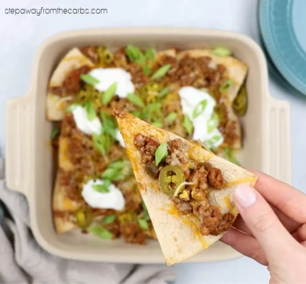 Low Carb Beef Nachos - perfect for parties! With easy homemade chips made from low carb tortillas!