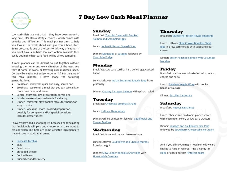 7 Day Low Carb Meal Planner - Step Away From The Carbs
