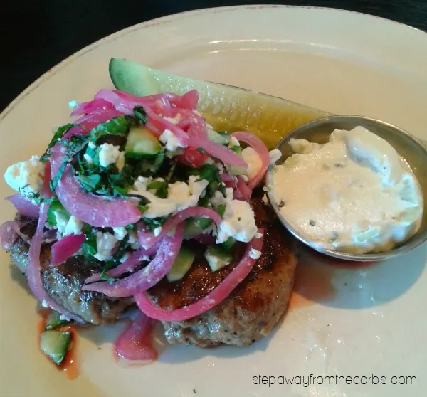 Low Carb Greek Lamb Burgers - loaded with cucumber, mint, feta and marinated red onions