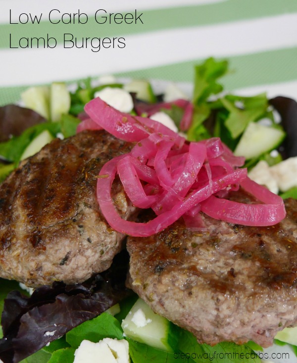 Low Carb Greek Lamb Burgers - loaded with cucumber, mint, feta and marinated red onions