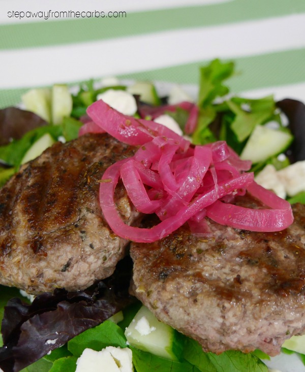 Low Carb Greek Lamb Burgers - loaded with cucumber, mint, feta and marinated red onions