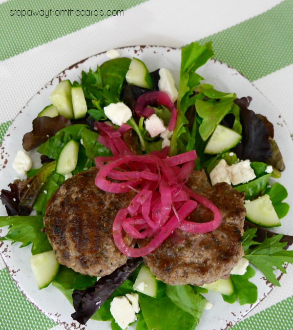 Low Carb Greek Lamb Burgers - loaded with cucumber, mint, feta and marinated red onions