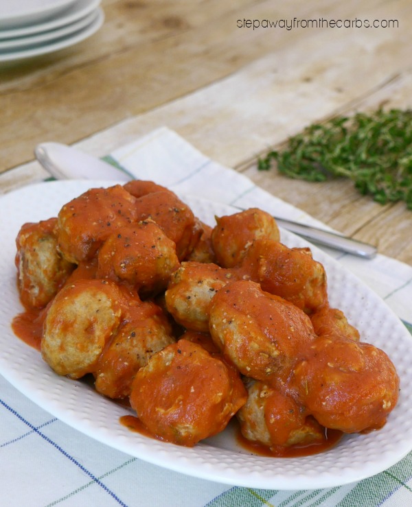 Low Carb Turkey Meatballs with Ricotta and Thyme, served in a tomato cream sauce. Keto and gluten free recipe. 