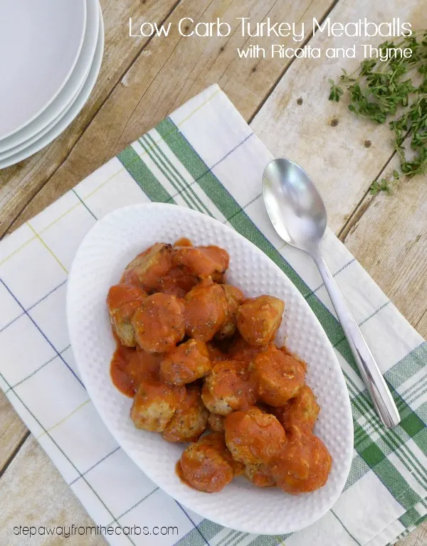 Low Carb Turkey Meatballs with Ricotta and Thyme, served in a tomato cream sauce. Keto and gluten free recipe. Low Carb Turkey Meatballs with Ricotta and Thyme, served in a tomato cream sauce. Keto and gluten free recipe.