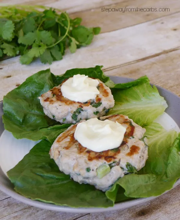 Cilantro Chicken Burgers with Wasabi Mayo - low carb , keto, and gluten-free recipe