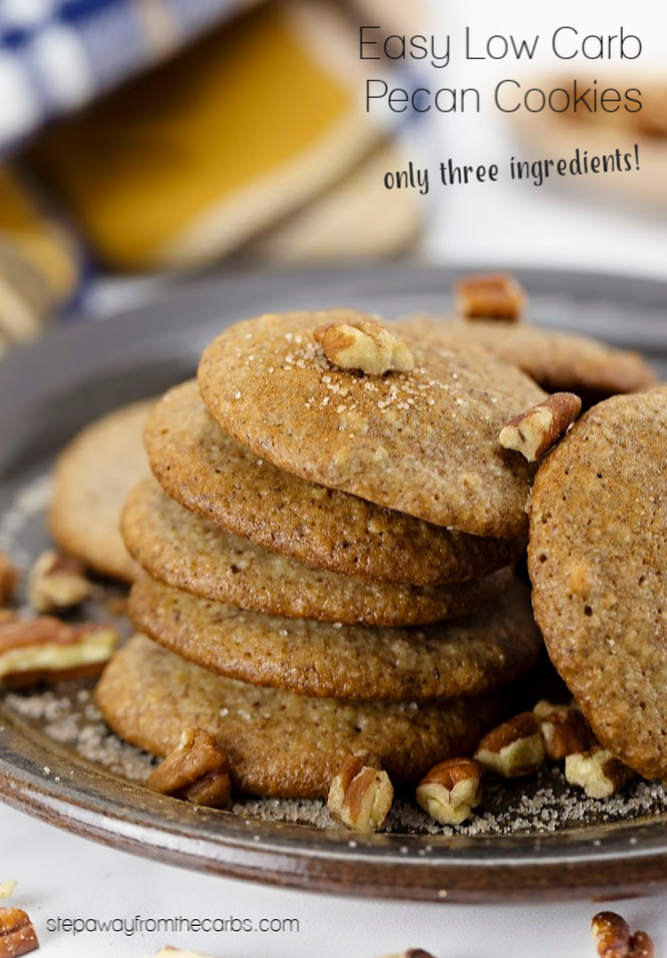 These low carb pecan cookies require only three ingredients and can be made super quickly! Keto, sugar free, and gluten free recipe with video tutorial!