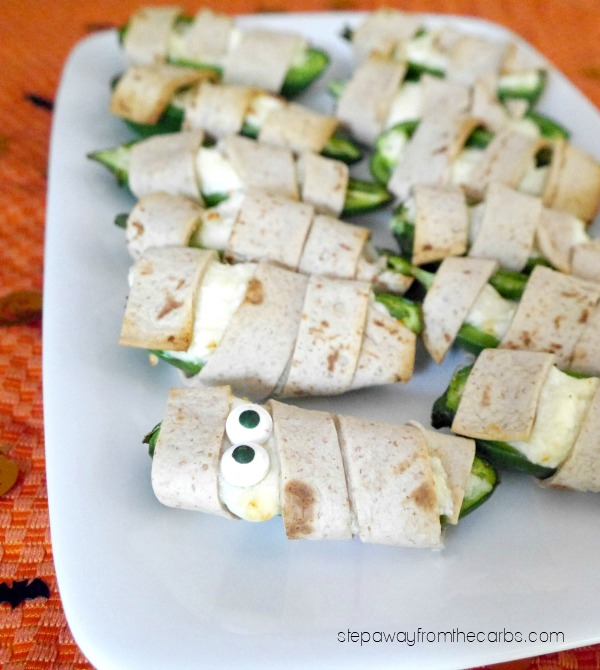 Low Carb Halloween Jalapeño Poppers - fun party snacks that look like mummies!