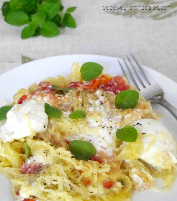 Spaghetti Squash with Burrata and Roasted Cherry Tomatoes - low carb vegetarian entree recipe