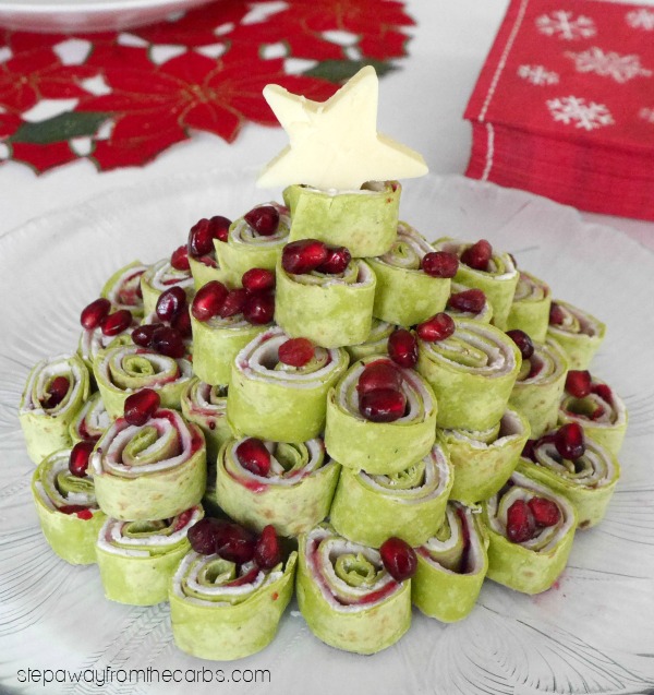 Low Carb Christmas Tree Platter - with low carb wraps, deli turkey, cream cheese and cranberry sauce!