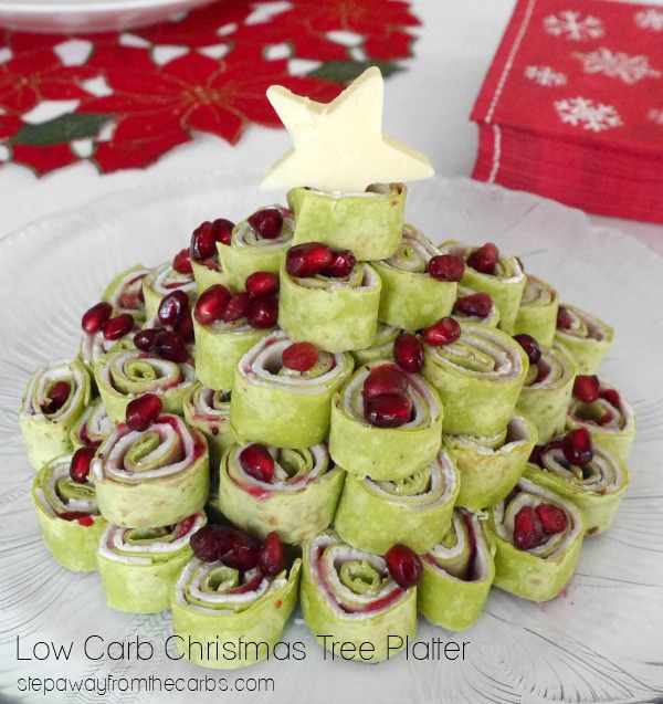 Low Carb Christmas Tree Platter - with low carb wraps, deli turkey, cream cheese and cranberry sauce!