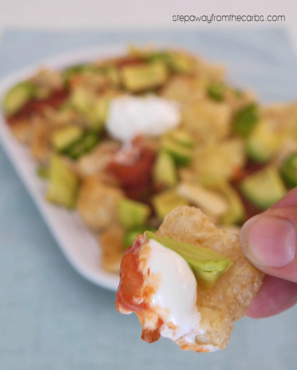 Pork Rind Nachos - the perfect low carb snack or party food! Gluten free and keto friendly recipe.