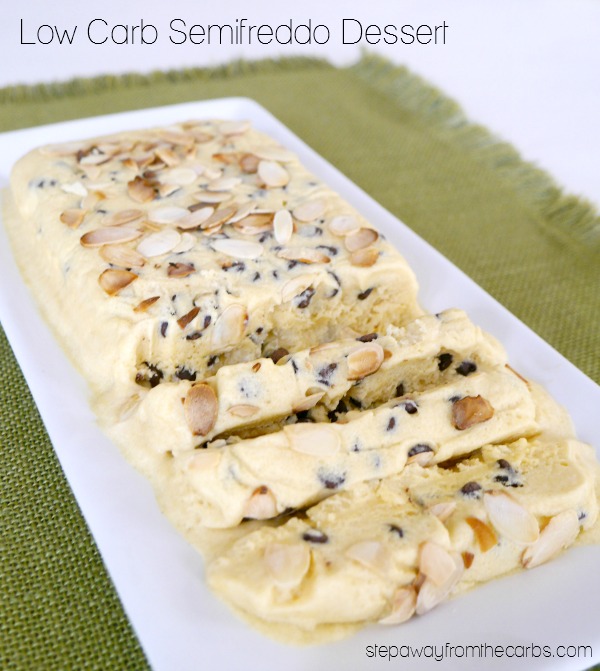 Low Carb Semifreddo Dessert - a frozen Italian mousse loaded with almonds and chocolate chips!