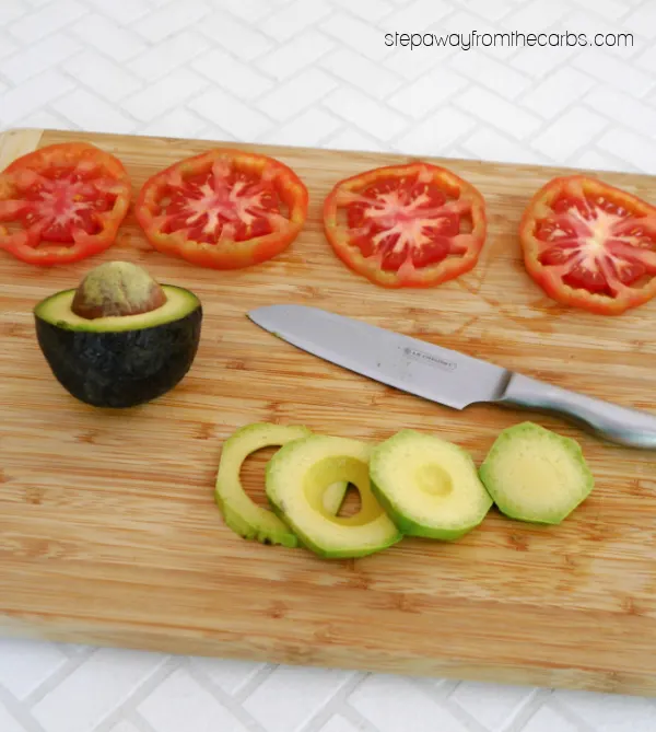 Avocado Caprese Stacks - a low carb appetizer or light lunch with tomato, fresh mozzarella, avocado, and basil