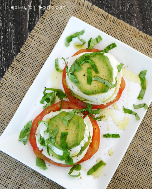 Avocado Caprese Stacks - a low carb appetizer or light lunch with tomato, fresh mozzarella, avocado, and basil