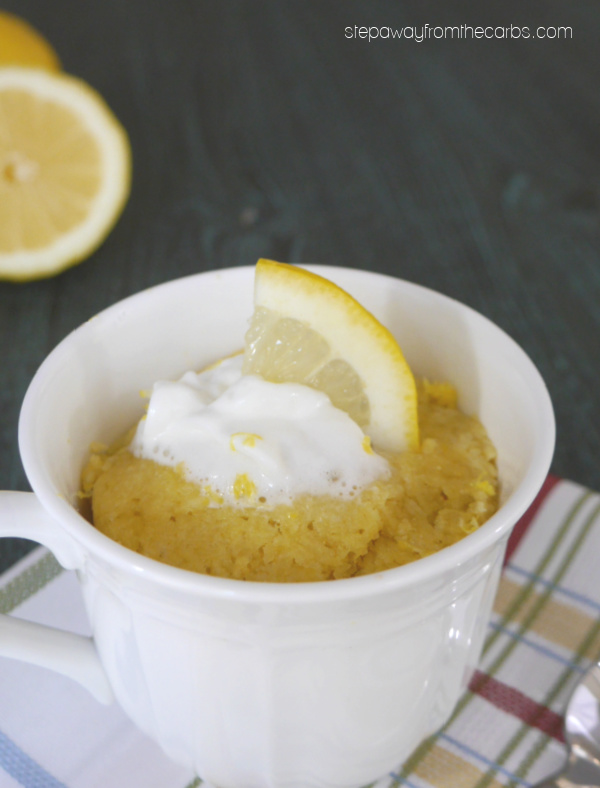 Low Carb Lemon Mug Cake - ready in less than two minutes! Sugar free recipe.