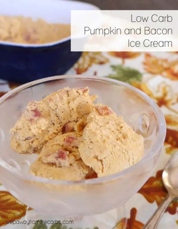 Low Carb Pumpkin and Bacon Ice Cream - a sweet and salty frozen treat! Keto, LCHF, and gluten free recipe. keto pumpkin ice cream with bacon in a bowl