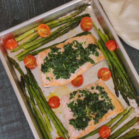 One Pan Herb Crusted Salmon with Asparagus