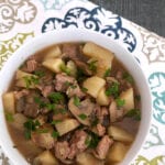 Low carb lamb stew with turnips and mushrooms in a white bowl