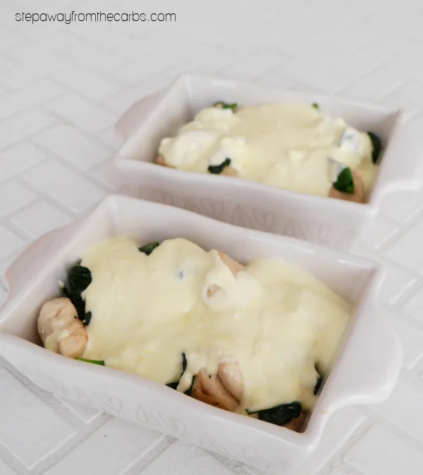 Individual Low Carb Chicken Pies - chicken, spinach, creamy sauce and a cauliflower topping!
