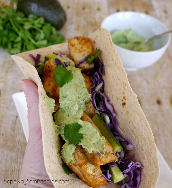 Low Carb Fish Tacos with Avocado Crema - a delicious Mexican-inspired recipe using low carb tortillas.