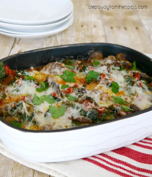 Low Carb Sausage Meatball Casserole - comfort food recipe with spinach, mushrooms and tomatoes
