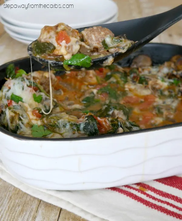 Low Carb Sausage Meatball Casserole - comfort food recipe with spinach, mushrooms and tomatoes