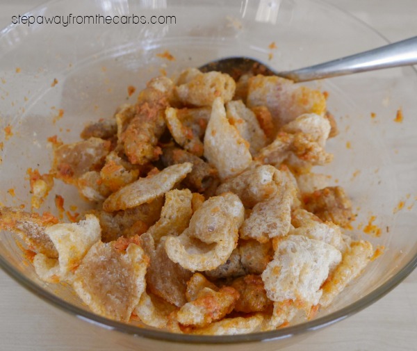 Pizza Pork Rinds - a low carb snack with tomato, cheese, and pepperoni!