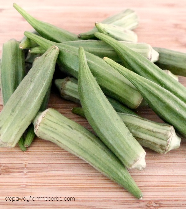 Low Carb Baked Okra - delicious side dish or snack recipe. Keto and gluten free.