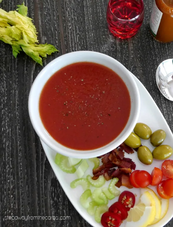 Low Carb Bloody Mary Soup - hot or cold appetizer with fun garnishes!