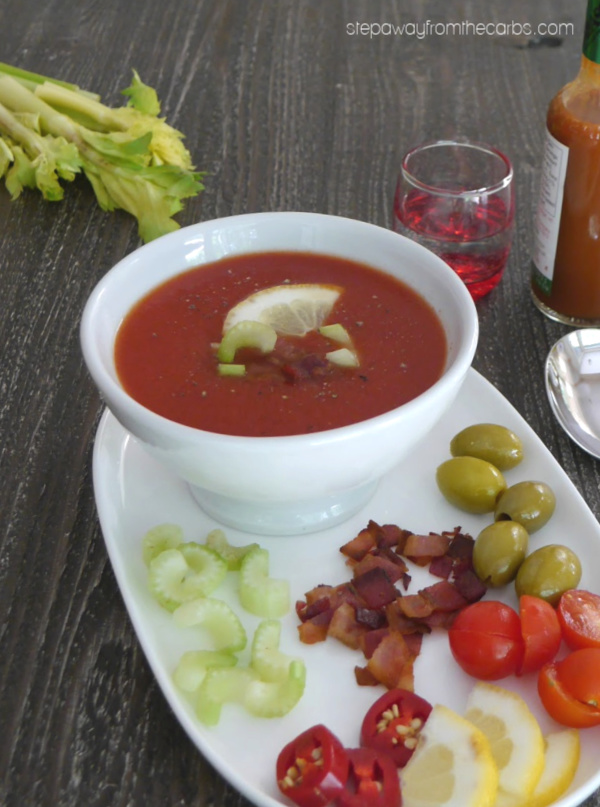 Low Carb Bloody Mary Soup - hot or cold appetizer with fun garnishes!
