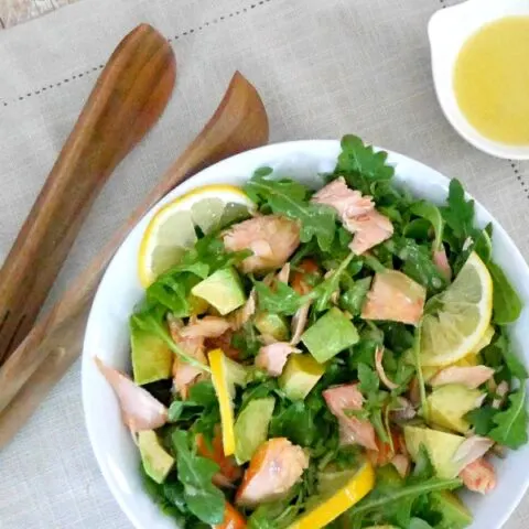 Salmon, Avocado, and Arugula Salad with lemon dressing