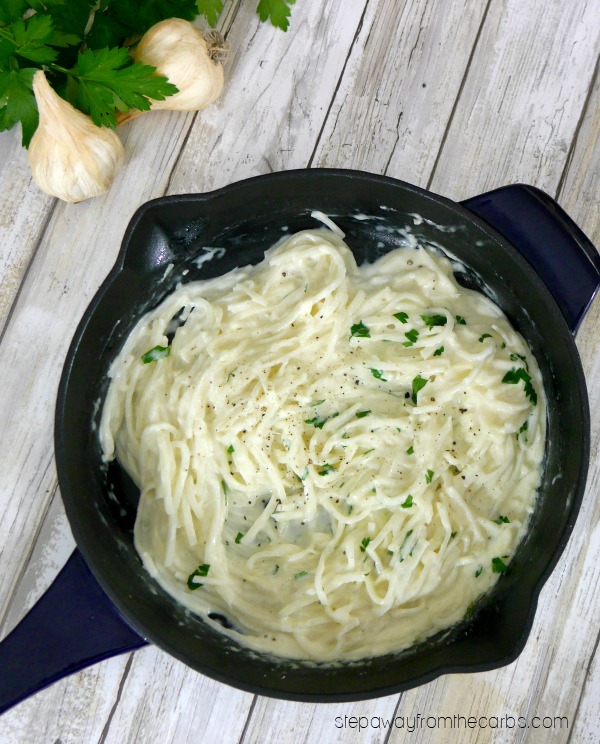 Low Carb Four Cheese "Spaghetti" - made with Palmini noodles! Keto, gluten free, and LCHF recipe.