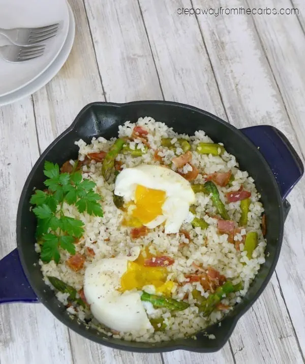 Cauliflower Fried Rice with Bacon, Asparagus and Poached Eggs - a low carb, keto, and gluten free recipe