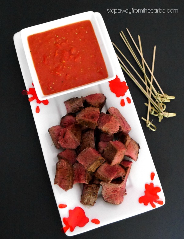 Halloween Steak Bites with roasted cherry tomato and garlic dip - a low carb and keto party recipe!