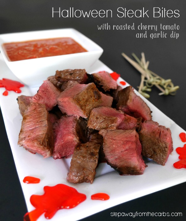 Halloween Steak Bites with roasted cherry tomato and garlic dip - a low carb and keto recipe!