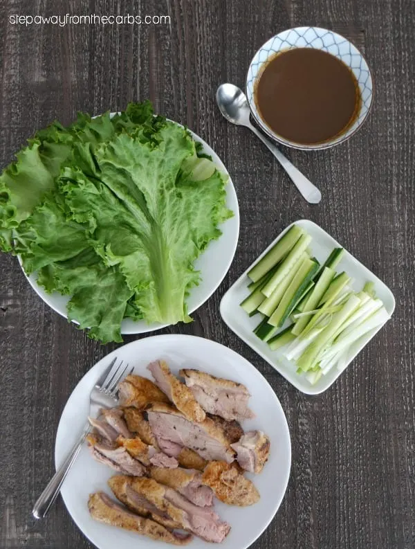 Low Carb Peking Duck - roasted duck served with homemade Hoisin sauce and lettuce wraps