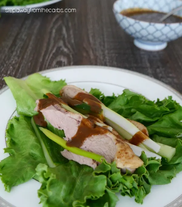 Low Carb Peking Duck - roasted duck served with homemade Hoisin sauce and lettuce wraps