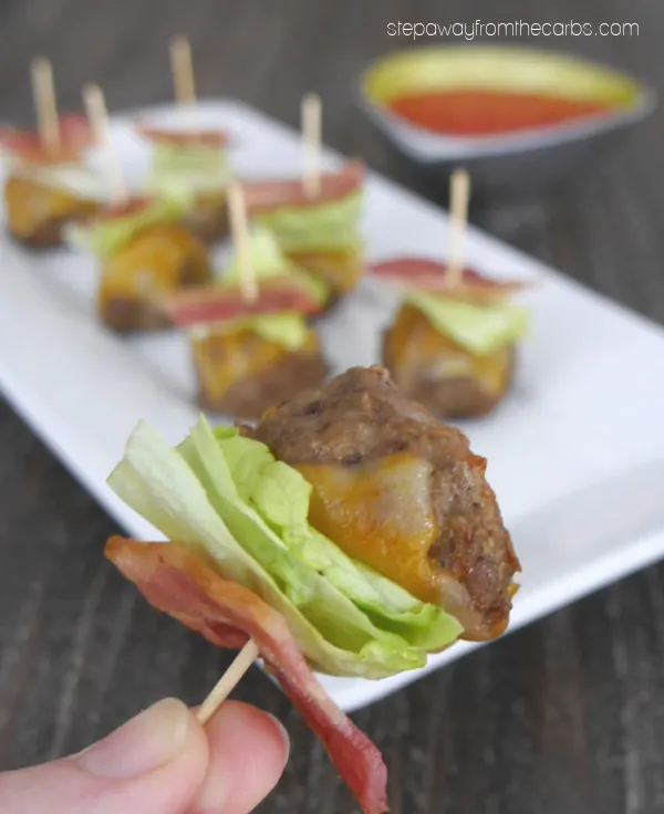 Bun-less Bacon Cheeseburger Bites - a low carb and keto appetizer and party recipe