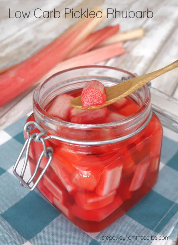 Low Carb Pickled Rhubarb - a tangy and tart condiment! Sugar free and keto recipe. Low Carb Pickled Rhubarb - a tangy and tart condiment! Sugar free and keto recipe.