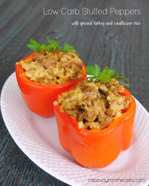 Low Carb Stuffed Peppers - with ground turkey, cauliflower rice, and cheese!