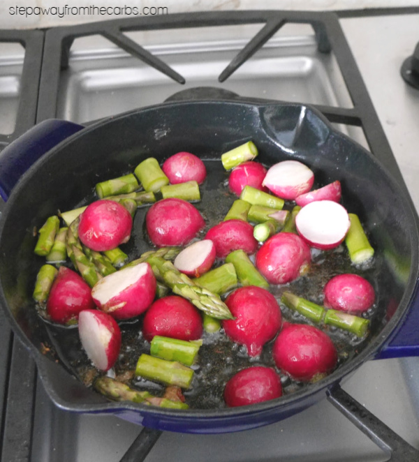 Skillet Chicken Thighs with Radishes and Asparagus - a one-pan low carb meal!