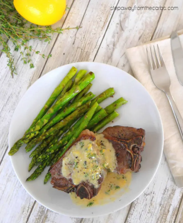 Lamb Chops with Lemon and Thyme Cream - a delicious low carb and keto recipe, served with grilled asparagus!