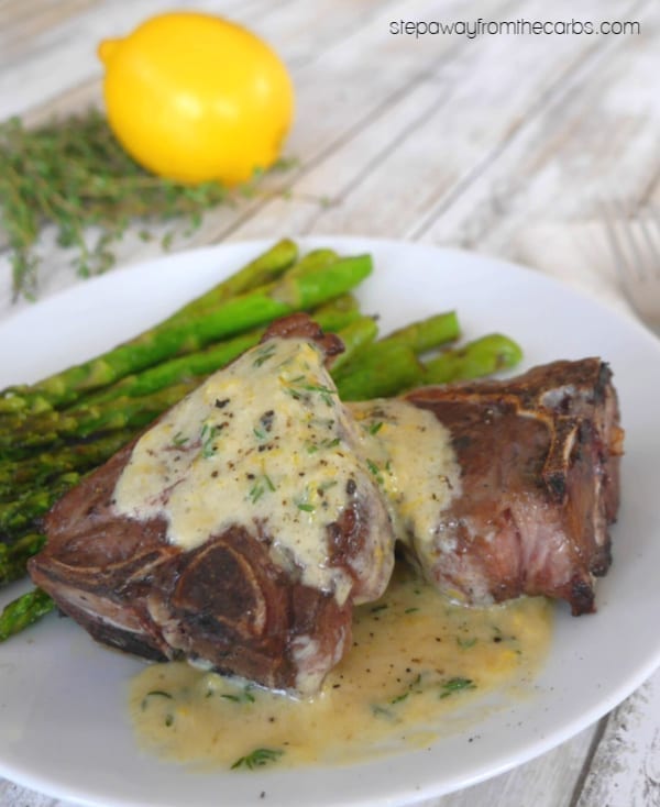 Lamb Chops with Lemon and Thyme Cream - a delicious low carb and keto recipe, served with grilled asparagus!