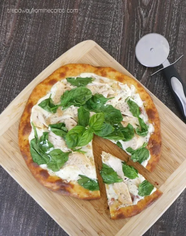 Low Carb White Pizza with Chicken and Spinach - made with FatHead dough! Gluten free, LCHF and keto recipe.