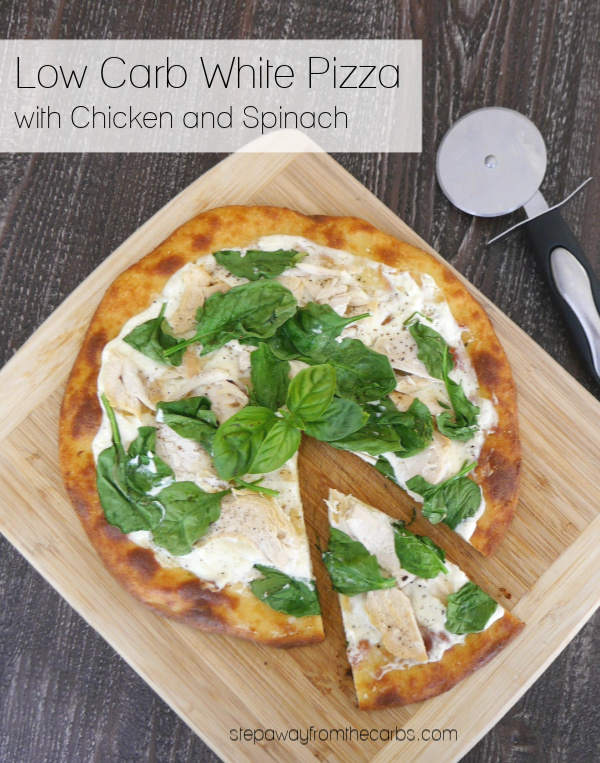 Low Carb White Pizza with Chicken and Spinach - made with FatHead dough! Gluten free, LCHF and keto recipe.