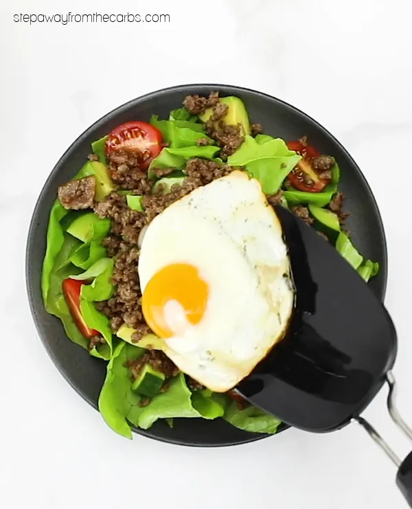 Low Carb Burger Bowls - a huge and filling burger bowl with egg and bacon!